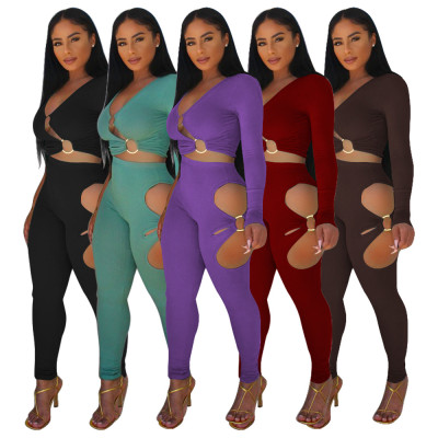 Pure Color High Elastic Pit Strip Sexy V-neck Two-piece Set