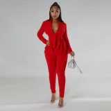 Ruffled Deep V-neck Long-sleeved Pencil Pants Suit