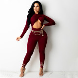 Autumn And Winter New Sexy Cross Tie Solid Color Jumpsuit