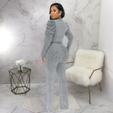Sexy Waist V-neck Puff Sleeve Bright Knitted Jumpsuit