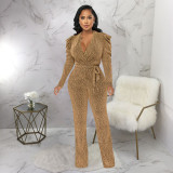 Sexy Waist V-neck Puff Sleeve Bright Knitted Jumpsuit