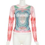 Fashion Print Round Neck Mesh Collision Color Long Sleeve Top