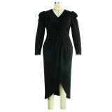V-neck Irregular Pleated Long-sleeved Solid Color Slit Dress