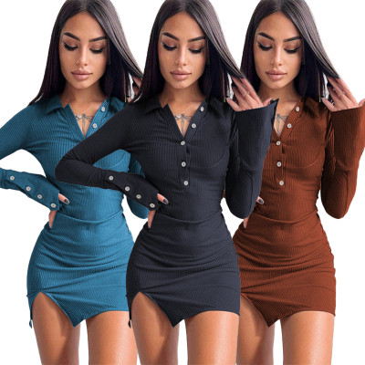 Autumn And Winter Lapel Ribbed Slit Long-sleeved Slim Sexy Dress