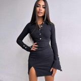 Autumn And Winter Lapel Ribbed Slit Long-sleeved Slim Sexy Dress