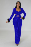 Autumn And Winter New Sequined Feather Hollow Slim Long-sleeved Ladies Jumpsuit