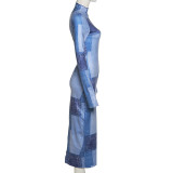 Fashion Denim Print Long-sleeved Slim Package Hip Dress