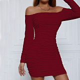 One-neck Long-sleeved Pleated Elegant Buttocks Sexy Dress
