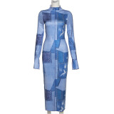 Fashion Denim Print Long-sleeved Slim Package Hip Dress