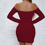 One-neck Long-sleeved Pleated Elegant Buttocks Sexy Dress