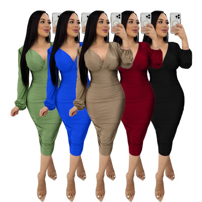 Street Trendy Women's V-neck Shirred Hip Dress