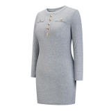 Casual Knitted Ribbed Long-sleeved Hip Button Waist Dress