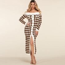 Sexy Off-shoulder Long-sleeved Plush Knitted Check Dress