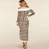 Sexy Off-shoulder Long-sleeved Plush Knitted Check Dress