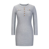 Casual Knitted Ribbed Long-sleeved Hip Button Waist Dress