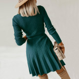 Sexy V-neck Pleated Knitted Short Dress