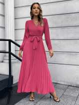 New V-neck Long-sleeved Pleated A-line Dress