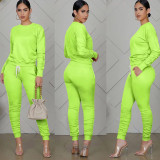 Solid Color Round Neck Gathered Trousers Two-Piece Set
