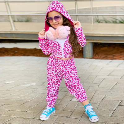 Casual Fashion Pink Leopard Print Sports Hooded Two-piece Suit