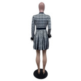 Fashion Casual Pleated Houndstooth Print Dress