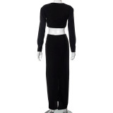 New Sexy Navel Exposed Long-sleeved T-shirt Tie-up Slit Skirt Suit