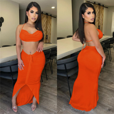 Fashion Solid Color Sleeveless Long Dress Refreshing Two-piece Set