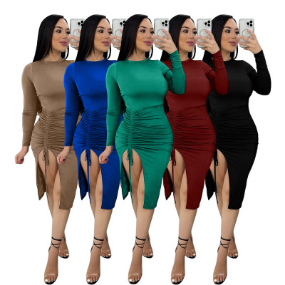 Solid Color Trendy Women's Drawstring Bag Hip Dress