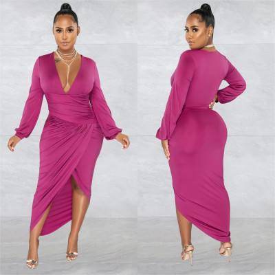 Women's Fashion Solid Color V Neck Long Sleeve Pleated Dress