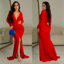 Solid Color V-neck Long-sleeved Maxi Dress With Pleats