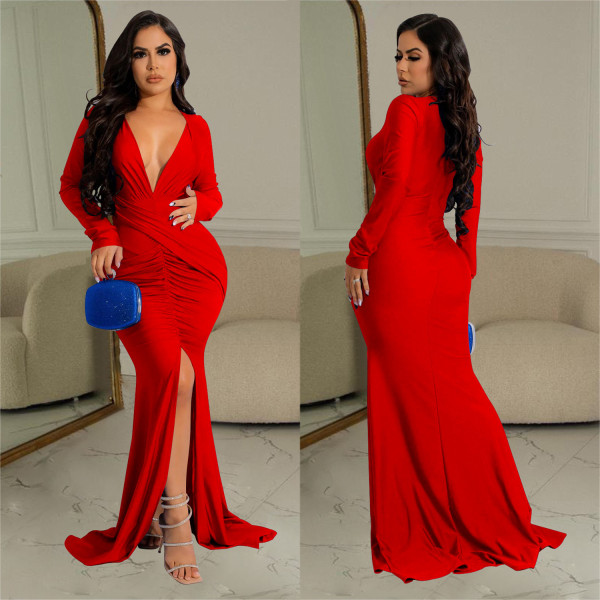 Solid Color V-neck Long-sleeved Maxi Dress With Pleats
