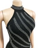 Fashion Sleeveless Hanging Neck Hot Diamond Mesh See-Through Dress