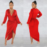 Women's Fashion Solid Color V Neck Long Sleeve Pleated Dress