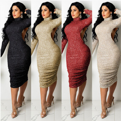 Fashion Round Neck Sexy Backless Sequin Dress