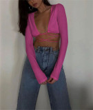 Sexy Hot Girl Deep V Cardigan Lace-up Navel Long-sleeved T-shirt