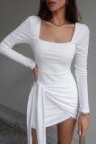 Backless Tie Long Sleeve Bag Hip Square Neck Knitted Dress