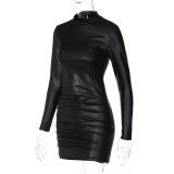 Fashion Solid Color Pleated Slim Round Neck Long Sleeve Dress
