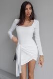 Backless Tie Long Sleeve Bag Hip Square Neck Knitted Dress