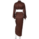 Fashion Loose Deep V Long Sleeve Top Slit Ruffle Skirt Set