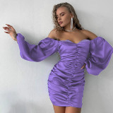 Fashion Sexy One Shoulder Backless Pleated Hip Long Sleeve Dress