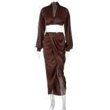 Fashion Loose Deep V Long Sleeve Top Slit Ruffle Skirt Set
