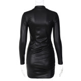Fashion Solid Color Pleated Slim Round Neck Long Sleeve Dress