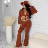 Sexy Solid Color Navel Exposed Long Sleeve Suit