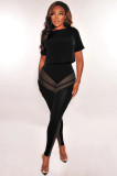 Fashion Sexy See-through Mesh Yarn Pants Solid Color T-shirt Two-piece Set
