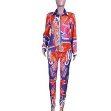 Printed Long-sleeve Shirt And Tight Trousers Two-piece Set
