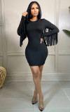 New Long-sleeved Solid Color Tassel Tight Dress