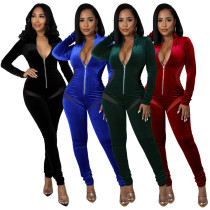 Velvet Mesh Stitching Slim Sexy Zipper Jumpsuit