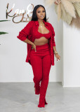 Solid Color Trousers Sexy Knitted Shirt Three Piece Set