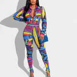 Printed Long-sleeve Shirt And Tight Trousers Two-piece Set