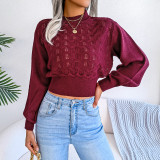 Solid Color Hollow Striped Lantern Sleeves Exposed Navel Knitted Sweater