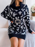 High-neck Leopard-print Long-sleeved Knitted Bottoming Dress